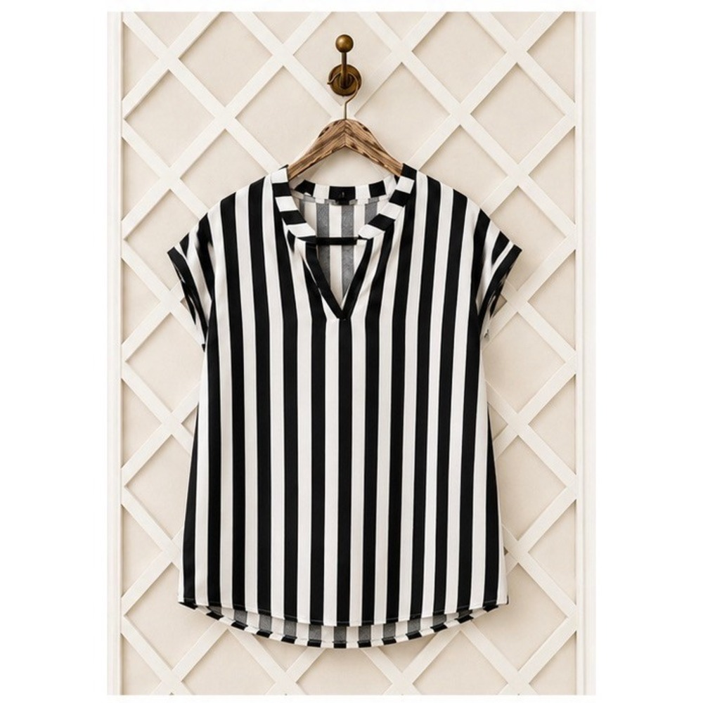Shein Black and‎ White Vertical Striped Short Sleeve Blouse Size XL